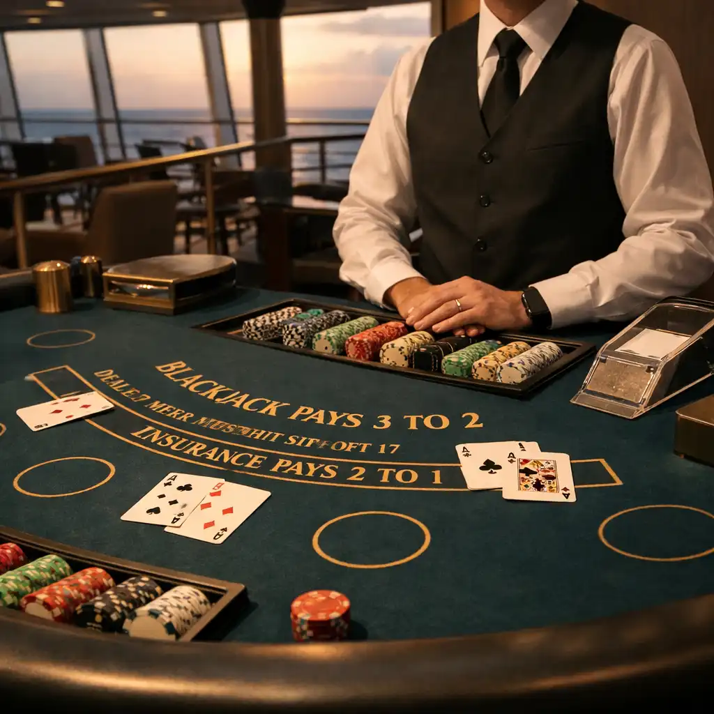 Blackjack table with cards and chip trays aboard a modern cruise ship