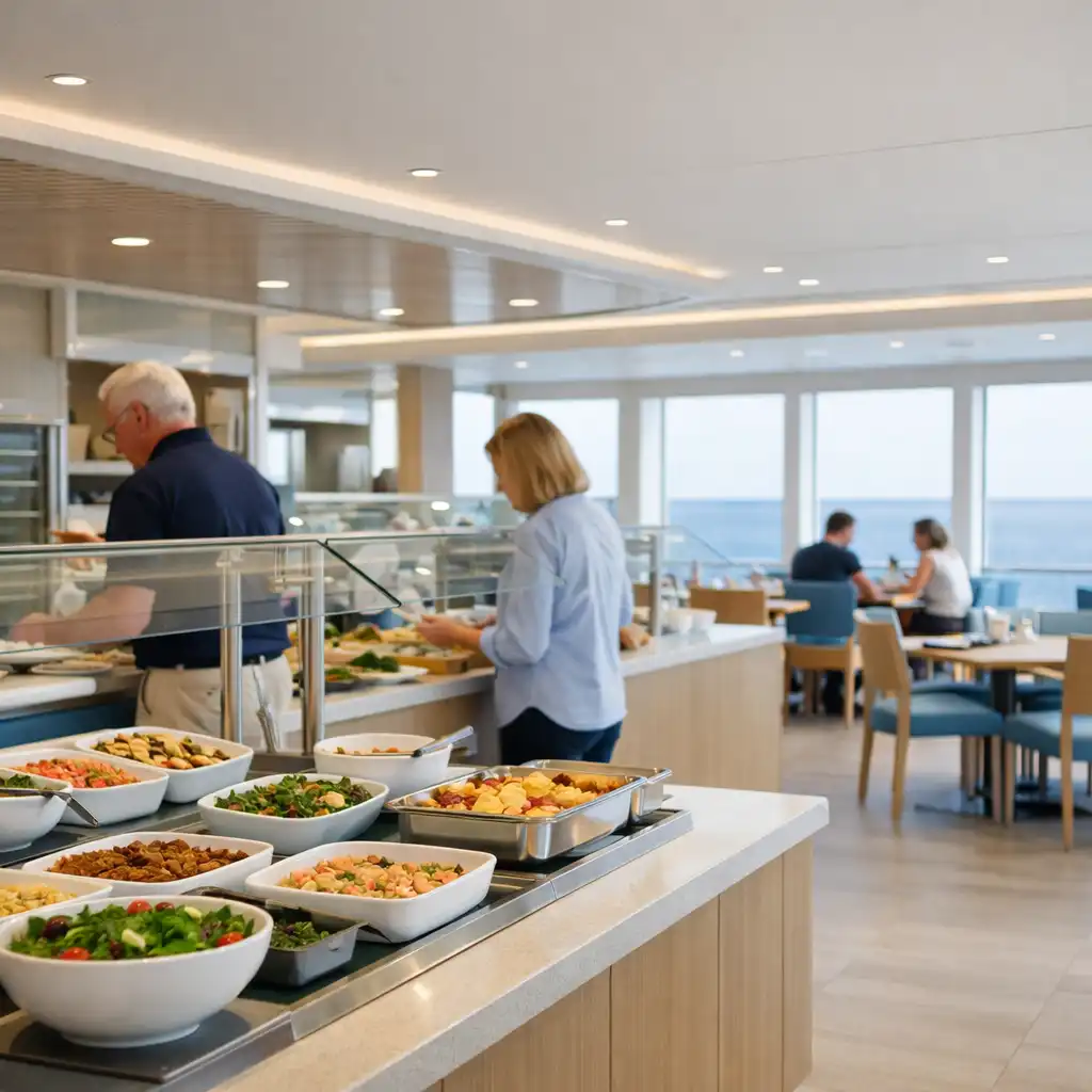 Modern cruise ship buffet with organised food stations and informal seating