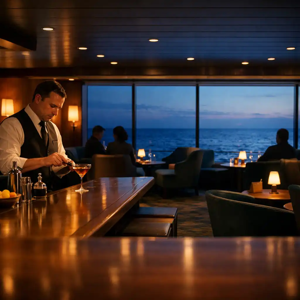 Cruise ship cocktail lounge with polished bar, lounge chairs and evening ocean horizon