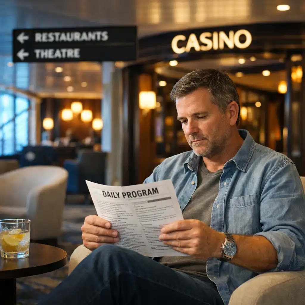 Traveller checking an onboard daily programme in a calm cruise ship lounge