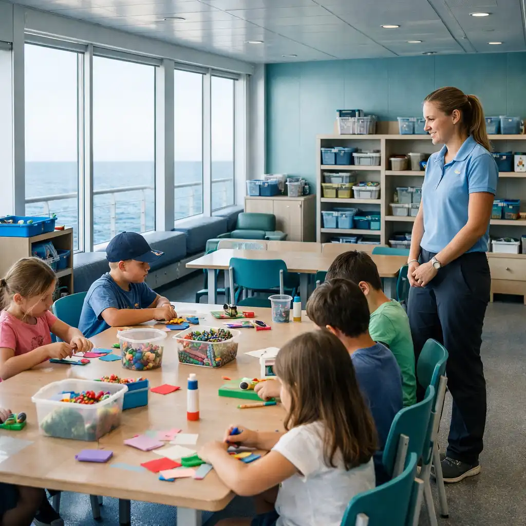 Contemporary cruise ship family activity room with supervised craft tables and sea views through large windows