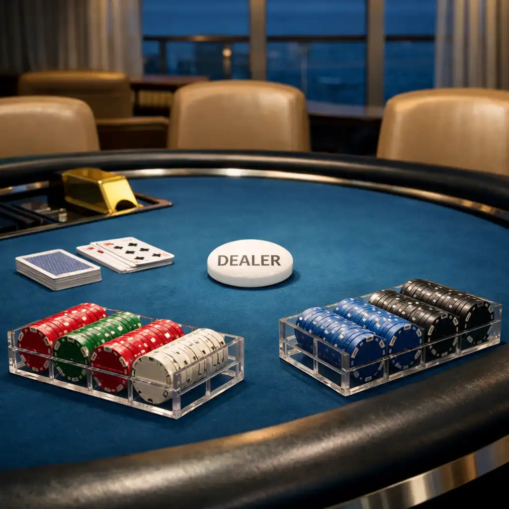 Detailed view of a cruise ship poker table with felt, cards, chip racks and padded seating