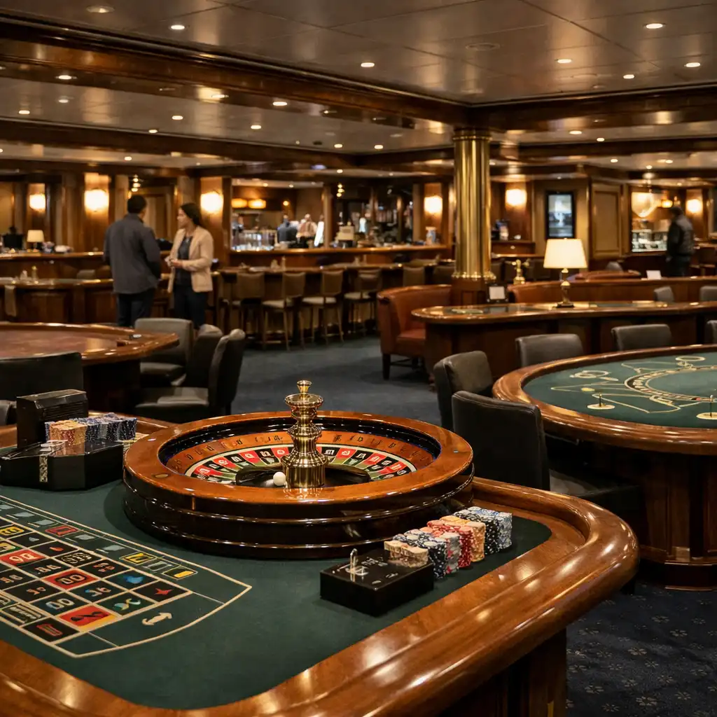 Refined cruise ship casino interior with roulette-style and blackjack-style table games