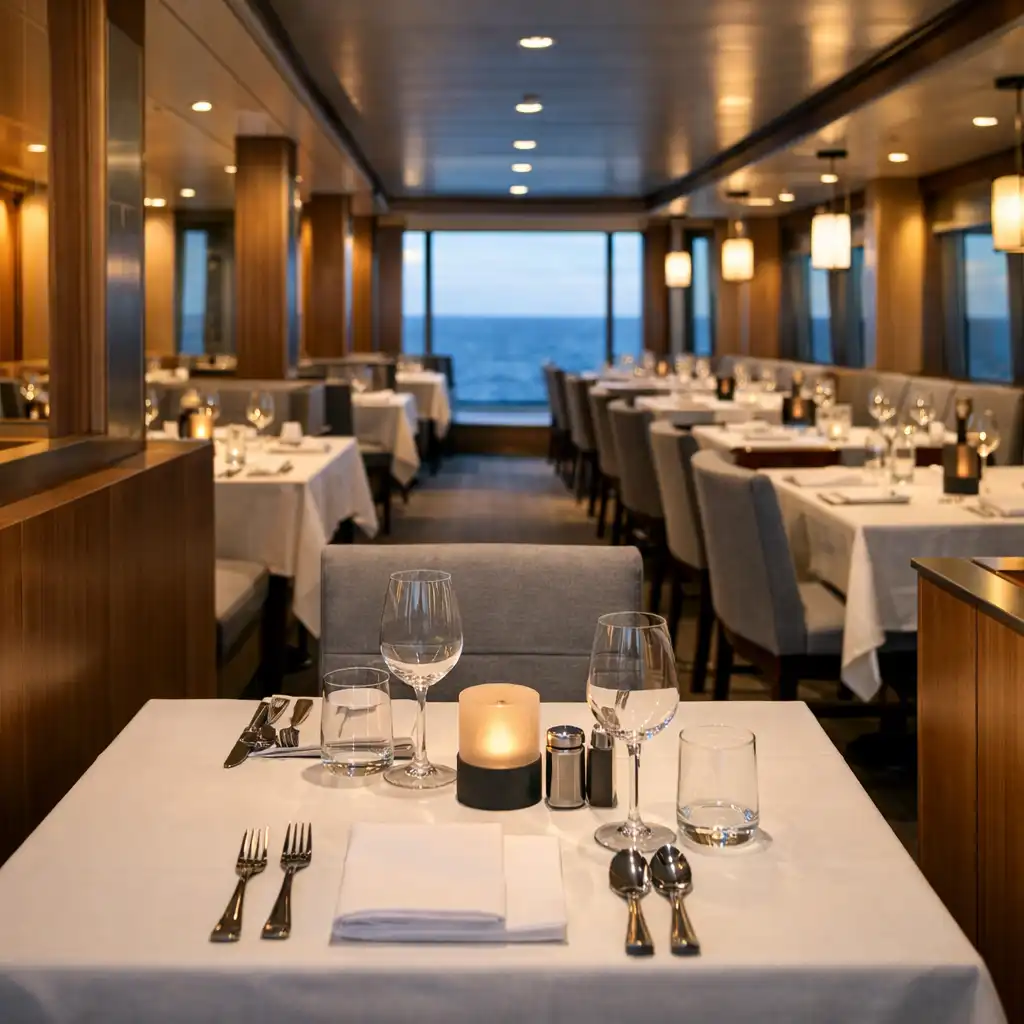Modern cruise ship dining room with set tables, timber details and ocean-facing windows