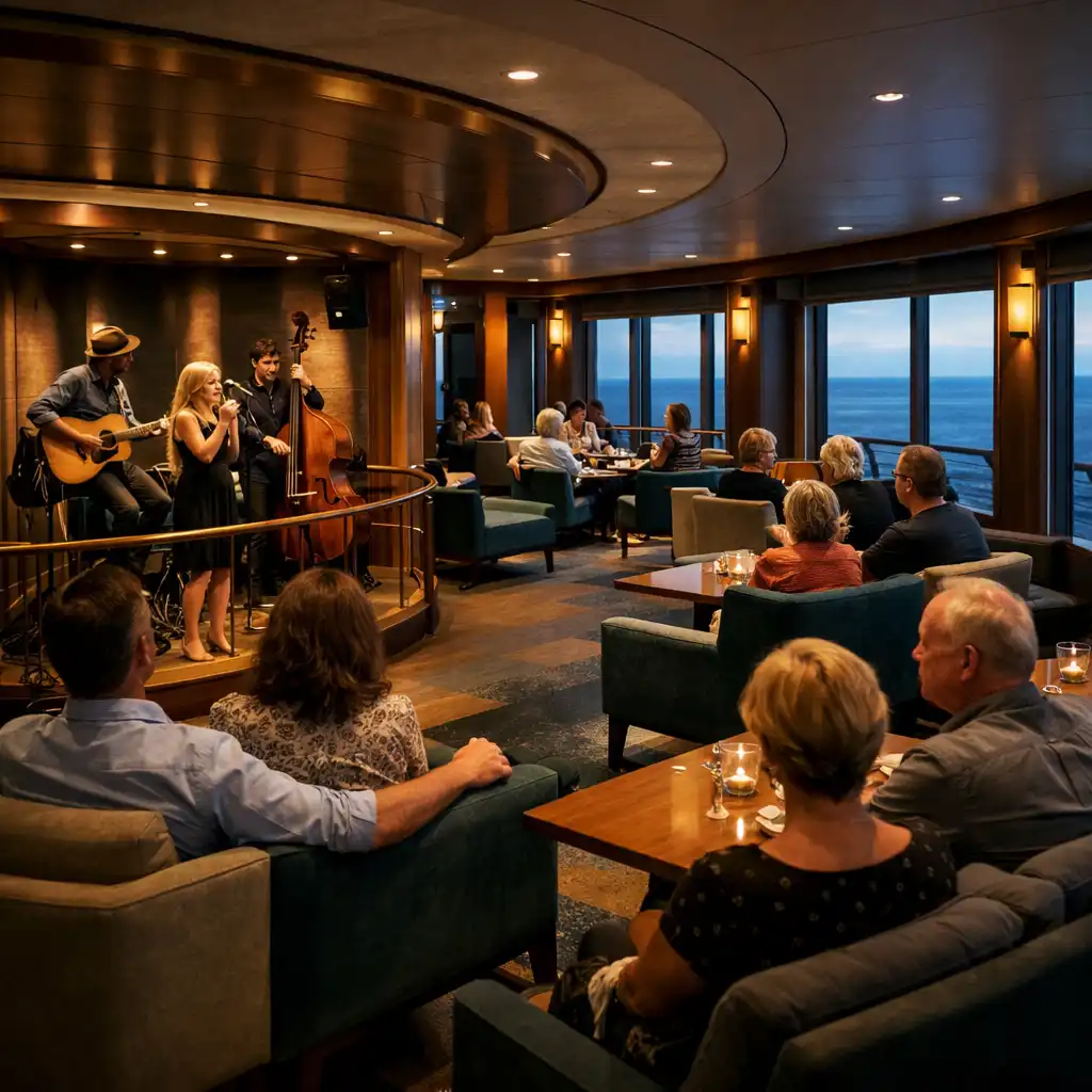Small acoustic group performing in a refined cruise ship lounge with relaxed table seating