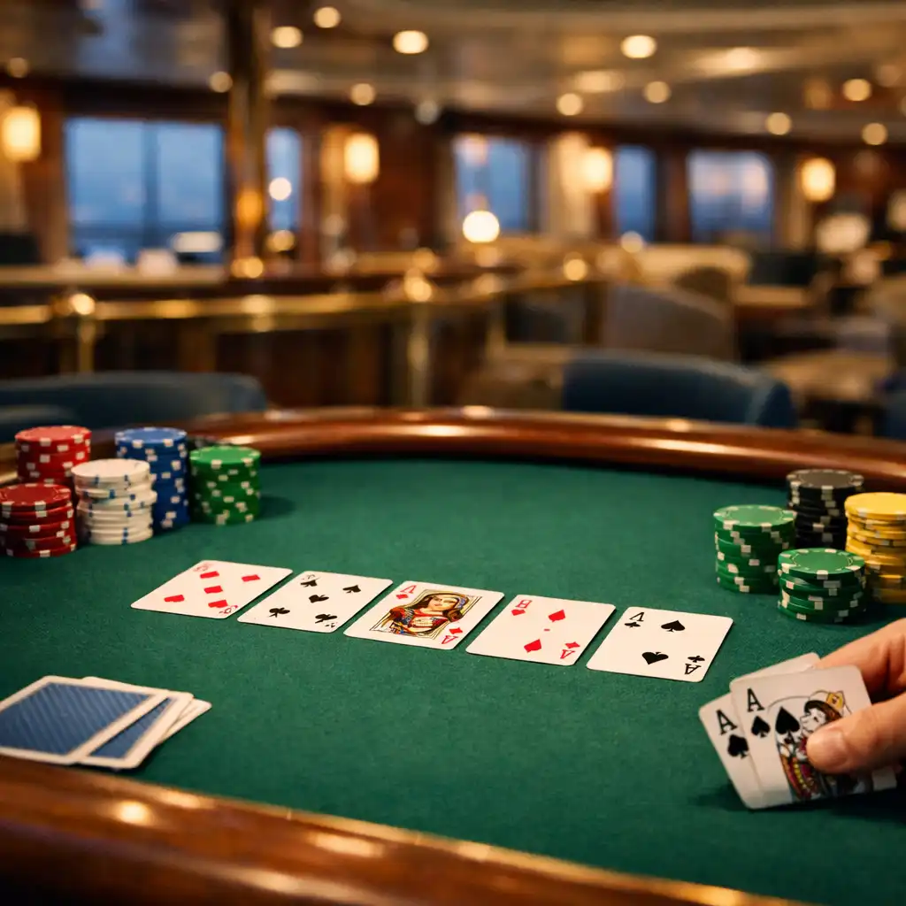 Cards and colourful chips arranged on a poker table aboard a cruise ship