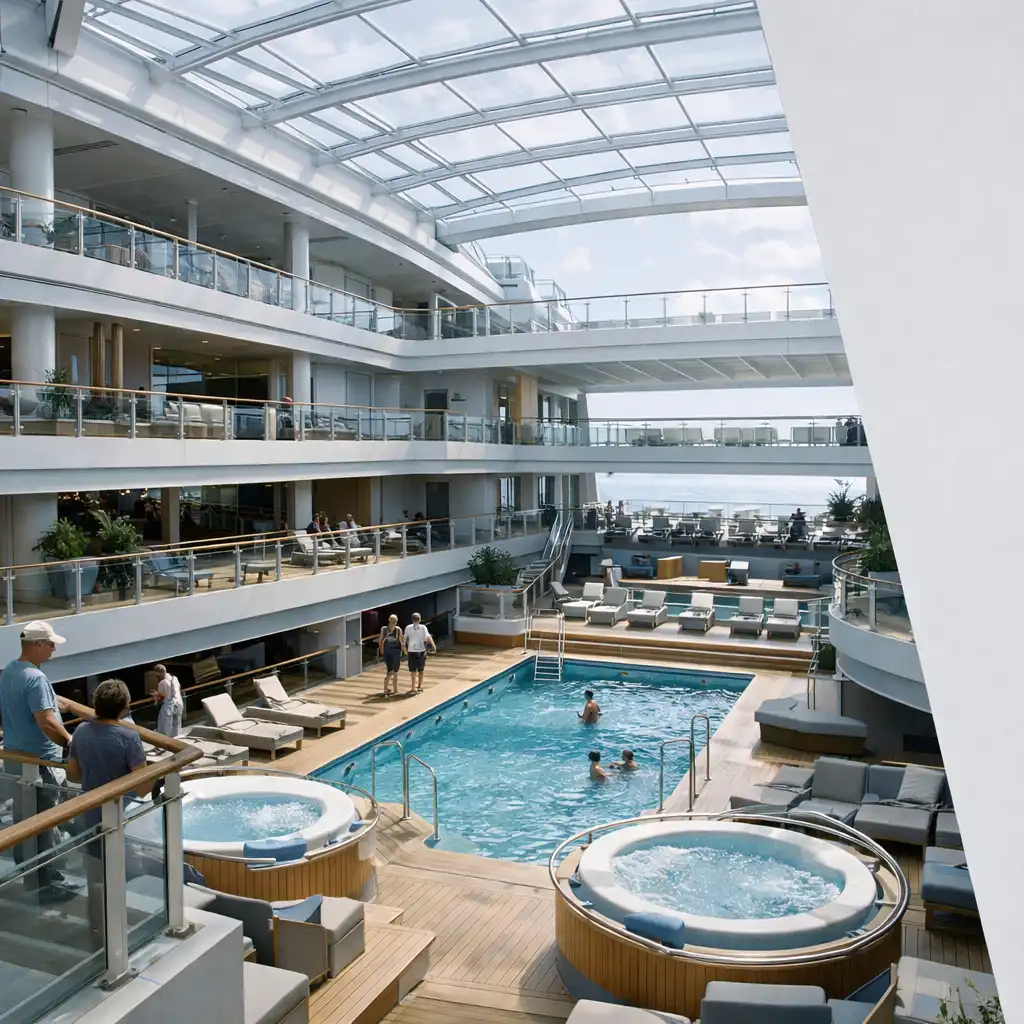 Contemporary cruise ship pool atrium with railings, public decks and daylight