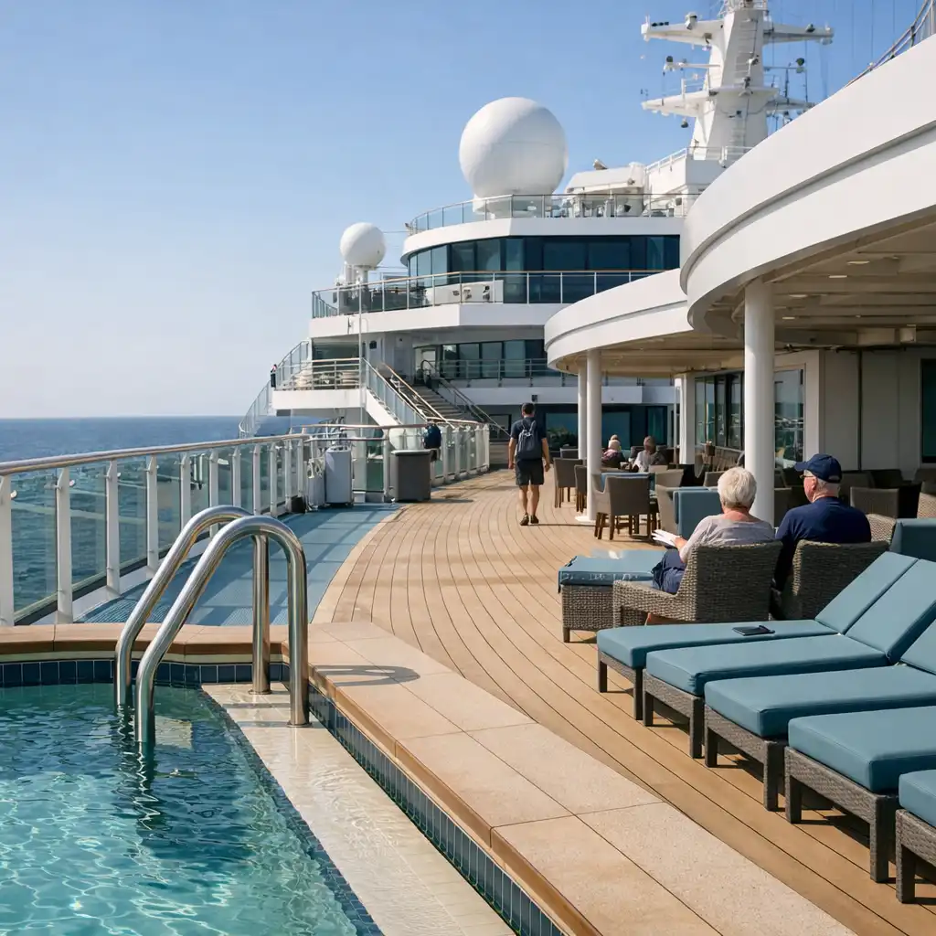 Modern cruise ship pool deck with loungers, railings, upper-deck structure and ocean horizon