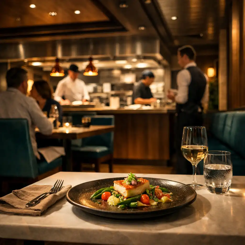 Specialty restaurant interior on a modern cruise ship with an open kitchen and plated dish