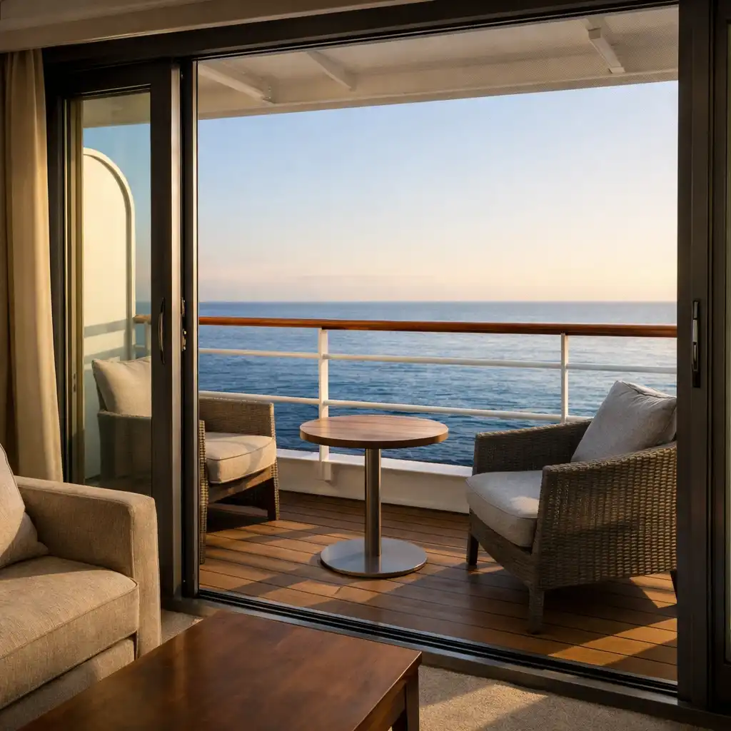 Cruise suite interior opening onto a private balcony and quiet ocean horizon