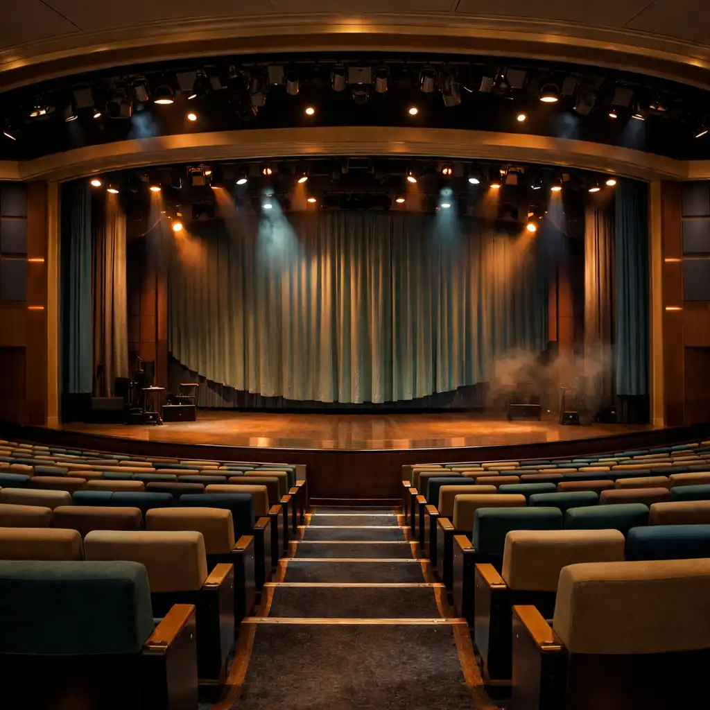 Contemporary cruise ship theatre viewed from the rear seating aisle towards a lit stage