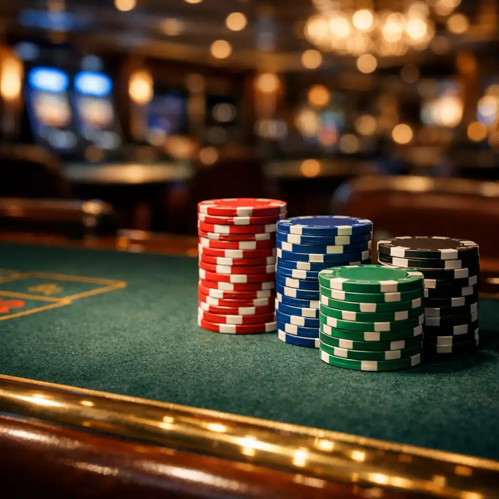 Neatly stacked gaming chips on textured casino table felt