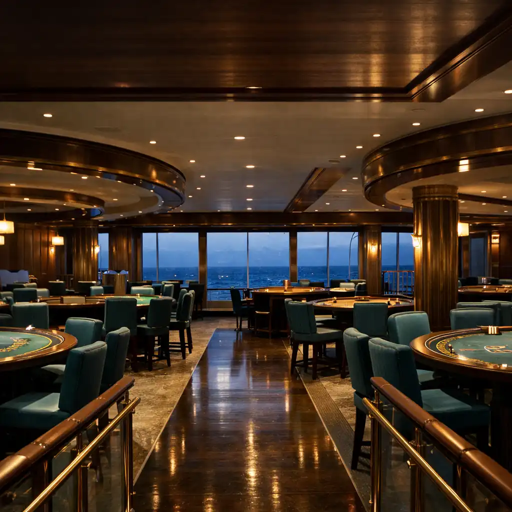 Central aisle and table areas inside a modern cruise ship casino