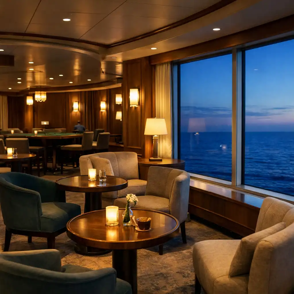 Quiet cruise ship lounge connected visually to the sea at blue hour