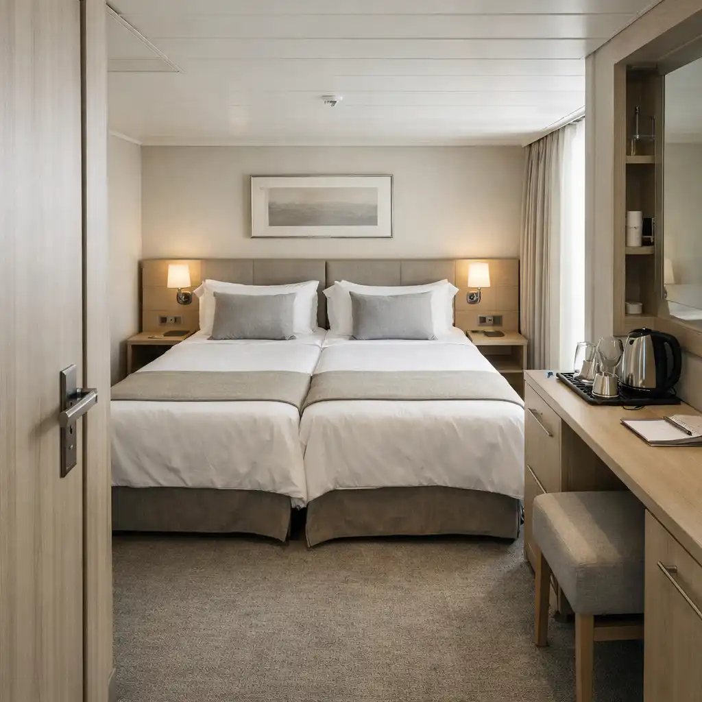 Contemporary cruise ship cabin showing bed, compact desk, wardrobe edge and bathroom doorway
