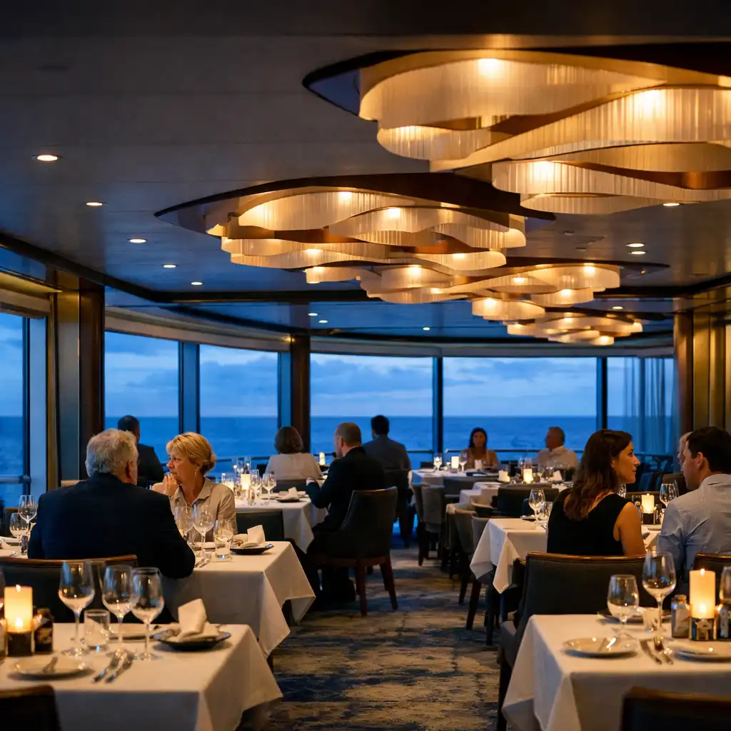 Modern cruise ship main dining room with layered tables, ceiling lights and sea-facing windows