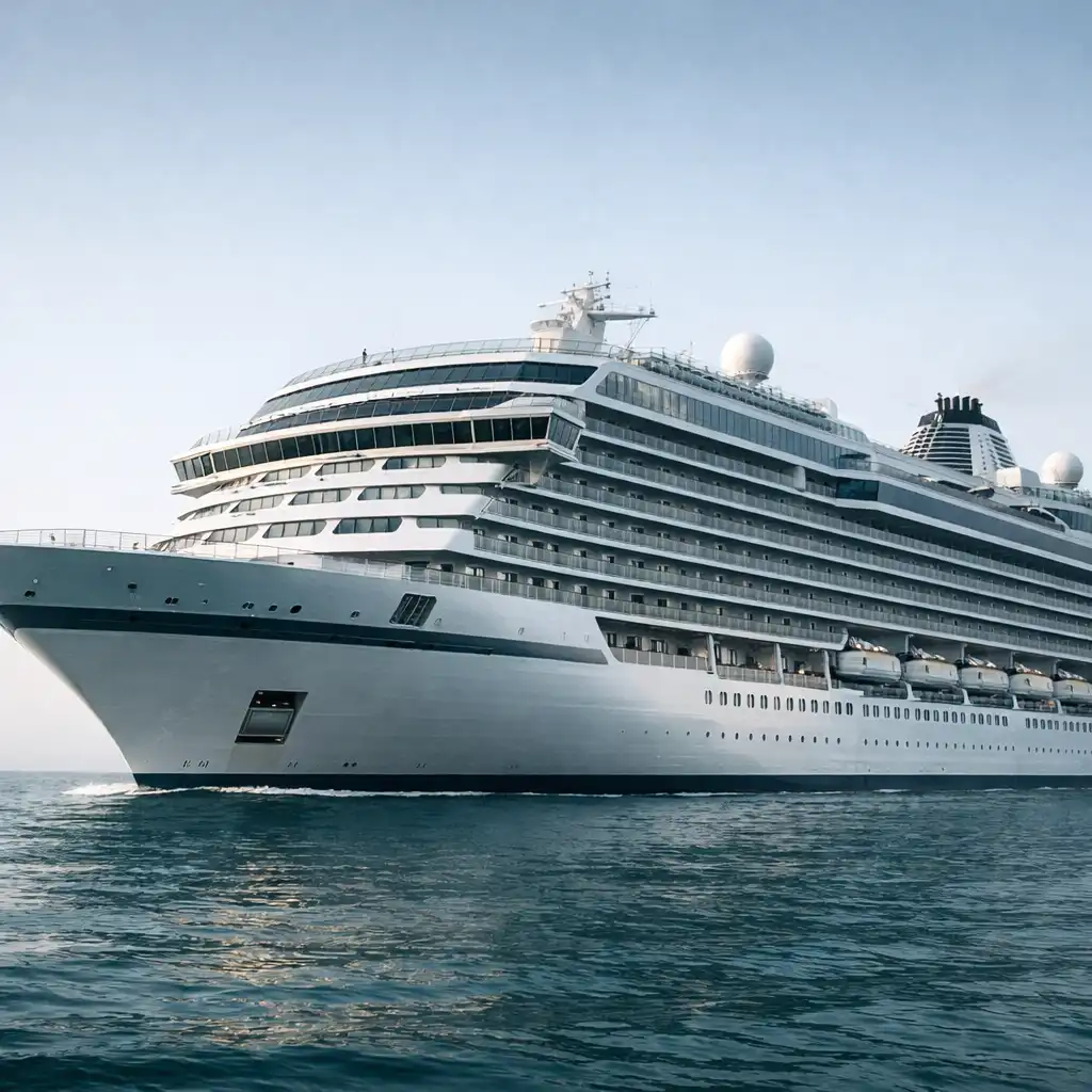 Modern cruise ship exterior with orderly balcony cabin decks above a calm ocean horizon