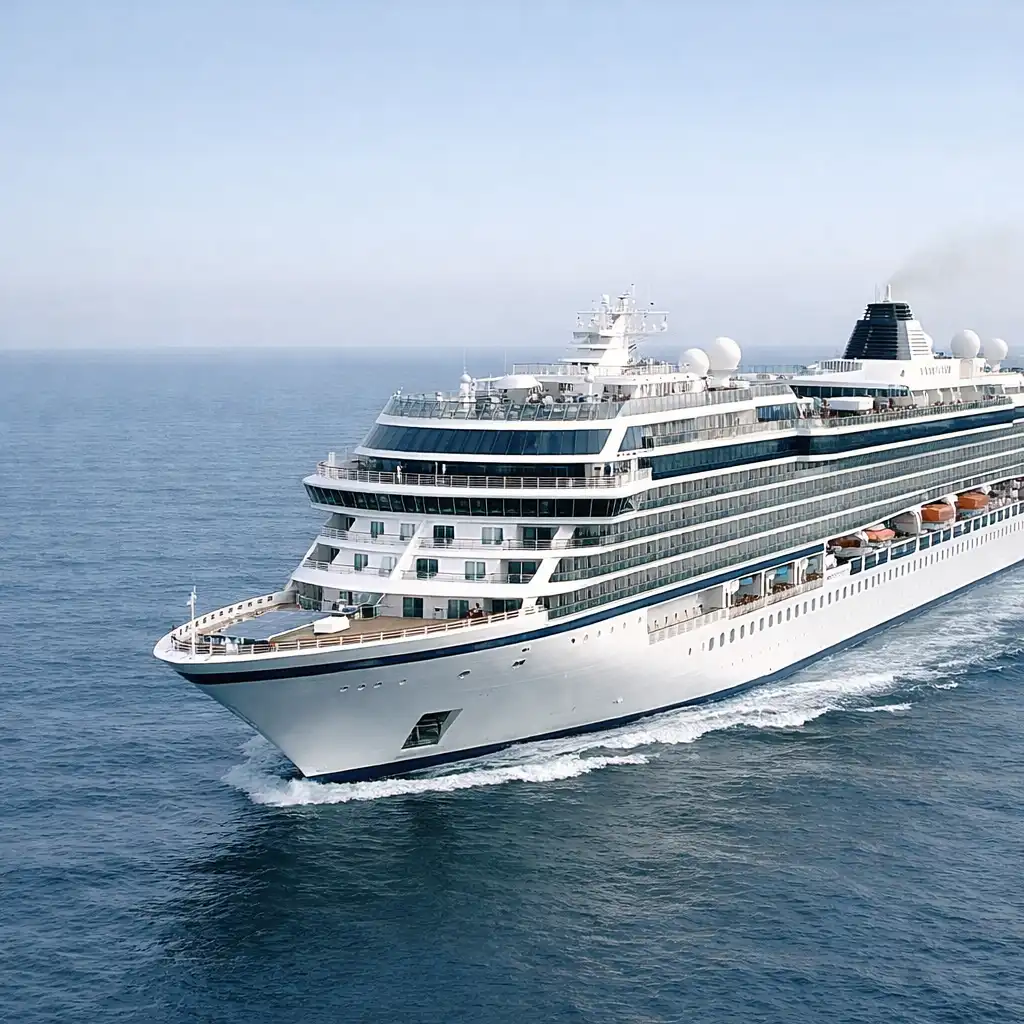 Modern cruise ship travelling across calm open water with upper decks and horizon visible