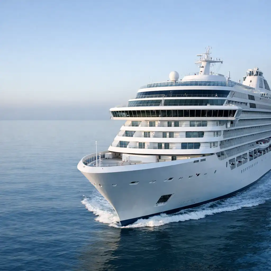 Modern cruise ship travelling across calm open water with layered balcony decks and bridge visible