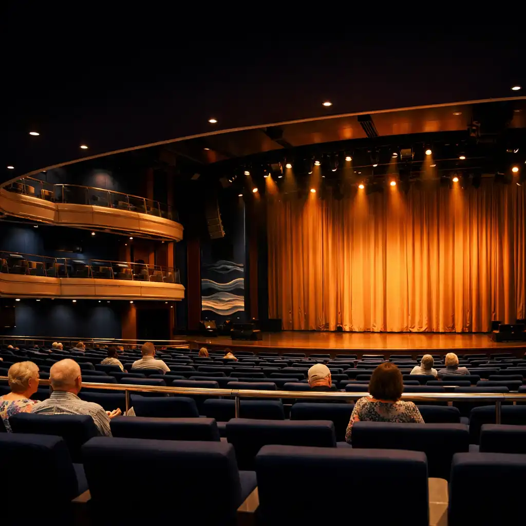Modern cruise ship theatre with softly lit stage, balcony seating and passengers settling in before an evening performance