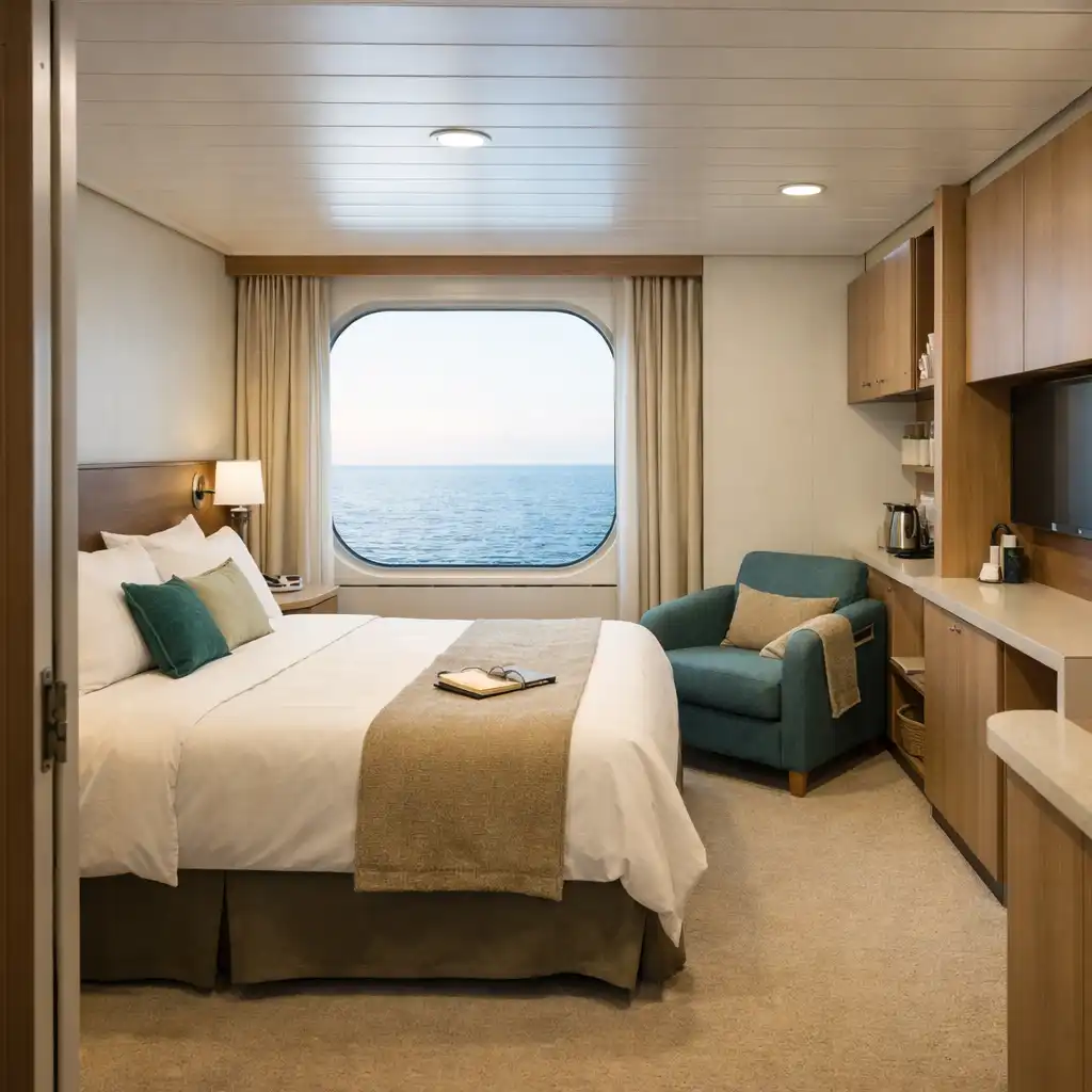 Contemporary ocean-view cruise cabin with bed, lounge chair and daylight sea view