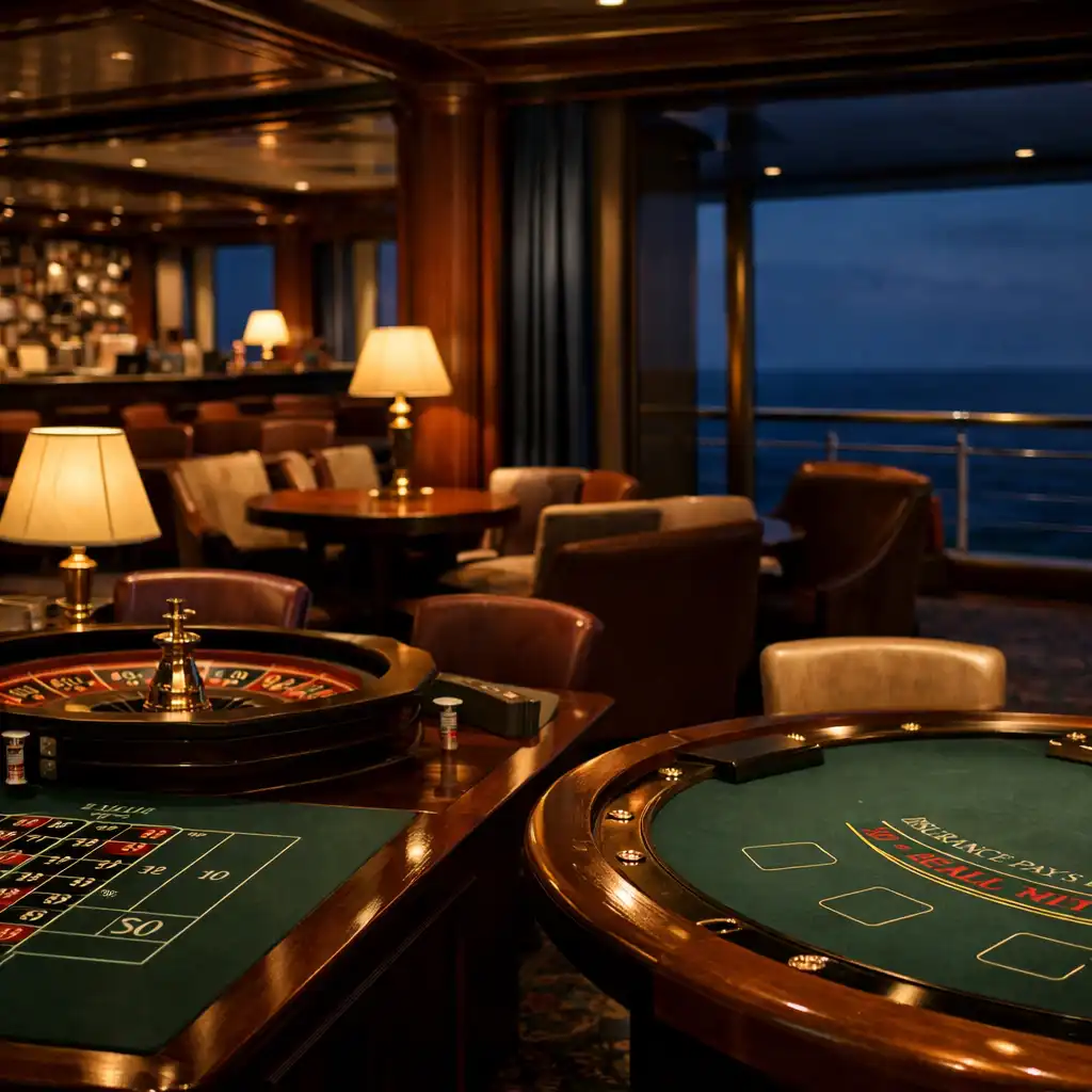 Restrained cruise ship casino lounge with table-game surfaces and warm lighting