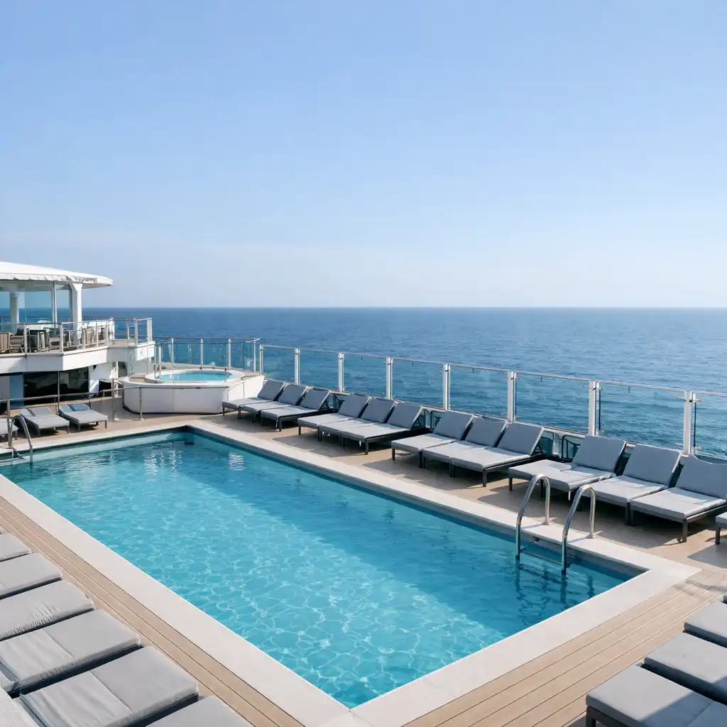 Modern cruise ship pool deck with loungers, glass windbreaks and an ocean horizon