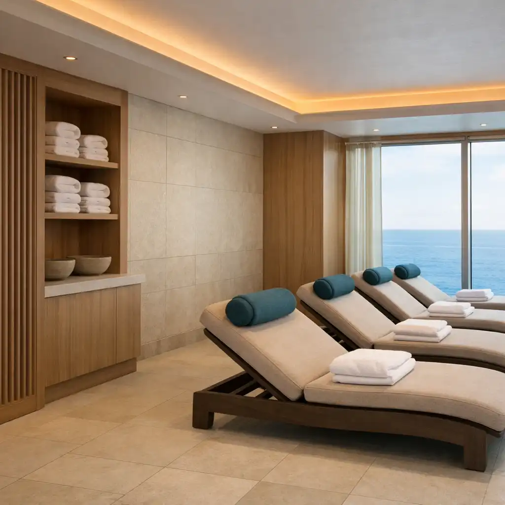 Quiet modern cruise ship spa relaxation area with recliners and sea-facing windows
