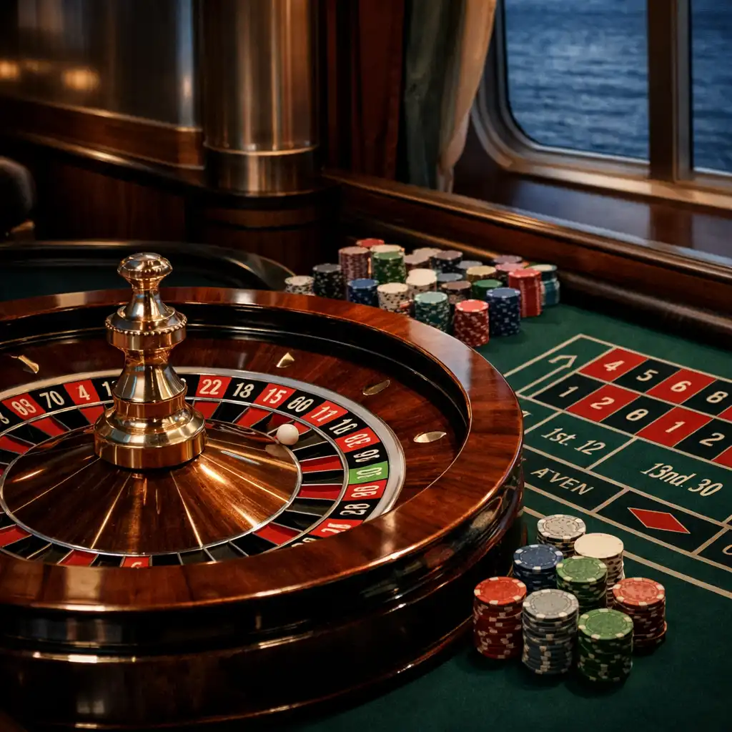 Roulette wheel and felt table inside a cruise ship casino